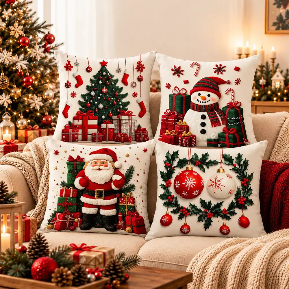 🎅【4 darabos szett】☃️ Karácsonyi párnahuzat Mikulással, hóemberrel, rénszarvassal és fával, ünnepi dekoráció kanapéra, hálószobába és nappaliba, azonnal meghitt hangulatot teremt 🎄✨
