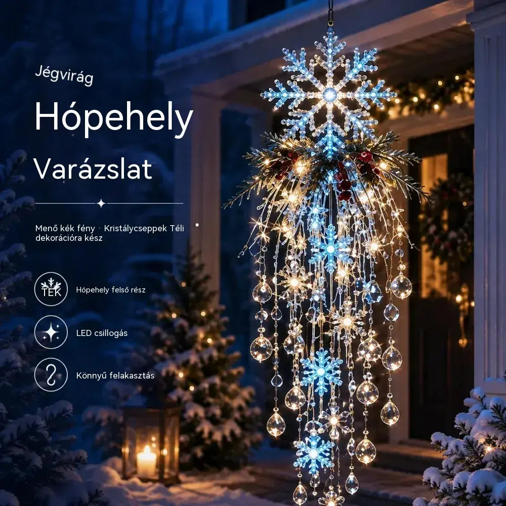 🔥 MA 50% KEDVEZMÉNY 🎅 Függeszthető karácsonyi hópehely és kristály LED-fény | Varázslatos fény a verandára ✨