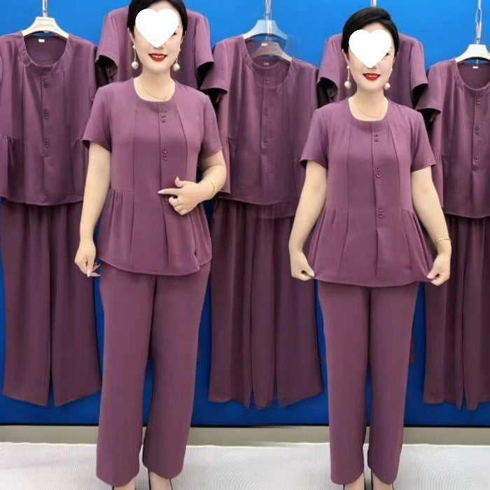 【Top + hlače】🔥🔥Dvodelni športni kombinezon, vitek temperament, plus size, 2025, poletni kombinezon za mamice, moden
