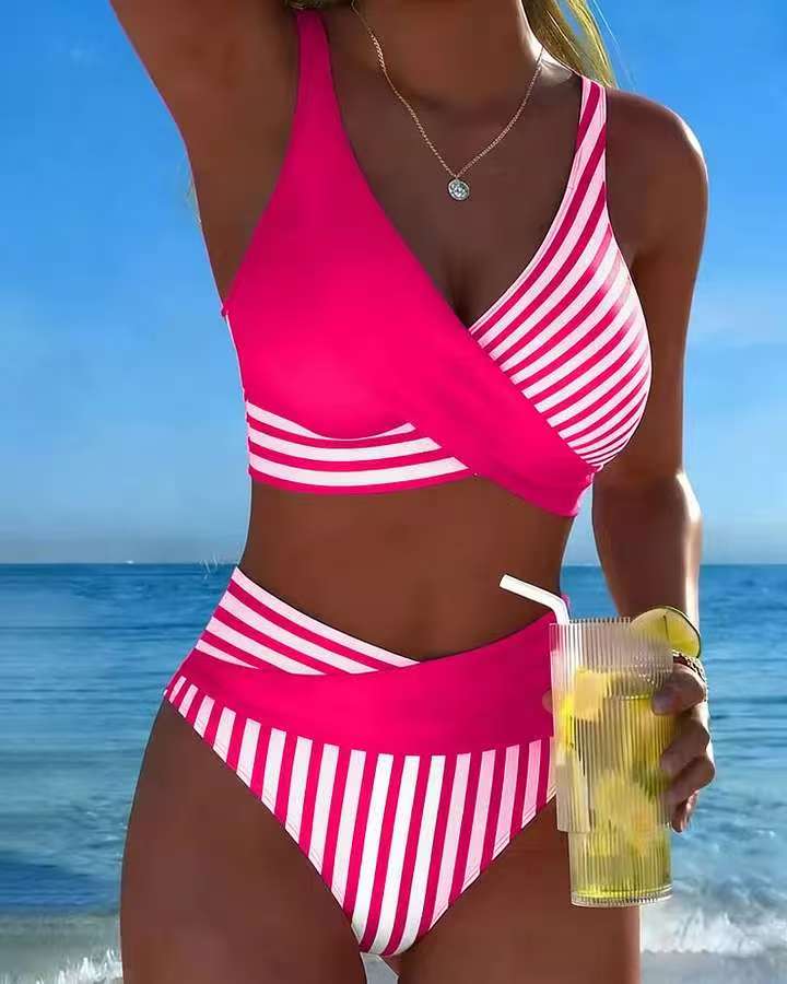 👙【40–100 kg】Dvodelni bikini z barvitimi bloki in črtami