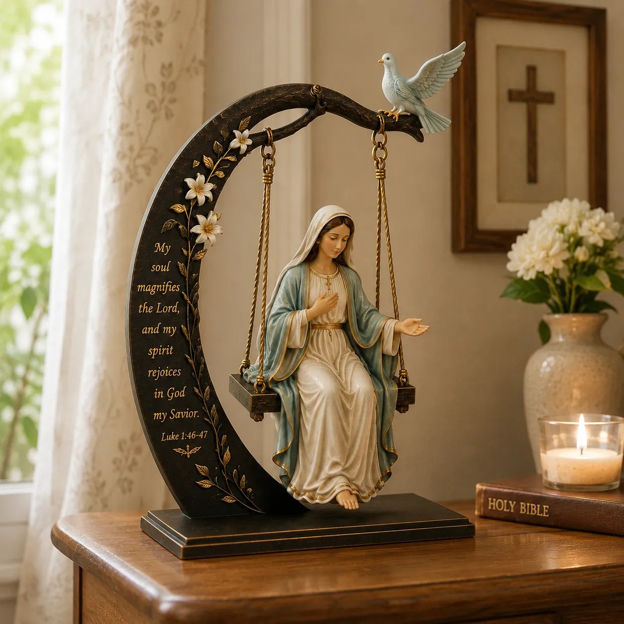 ✝️ Boldogasszony bölcsőhinta dísz – Lukács 1:46–47 Hit asztaldekoráció | Szent Szűz ima szobor galambbal és félholdívvel otthondekoráció