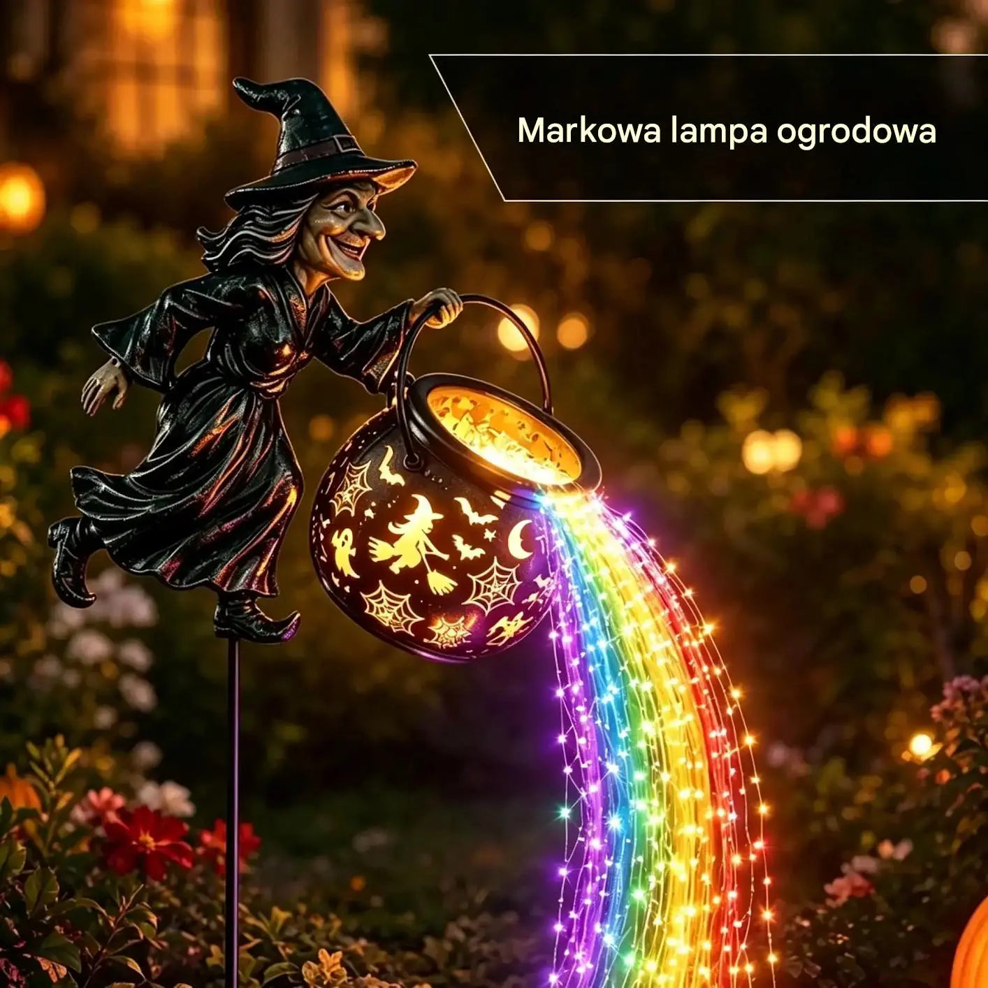 🧙♀️🎃 Ogrodowy lampion „Kociołek czarownicy” z oświetleniem LED – zachwycająca dekoracja zewnętrzna 🔮✨