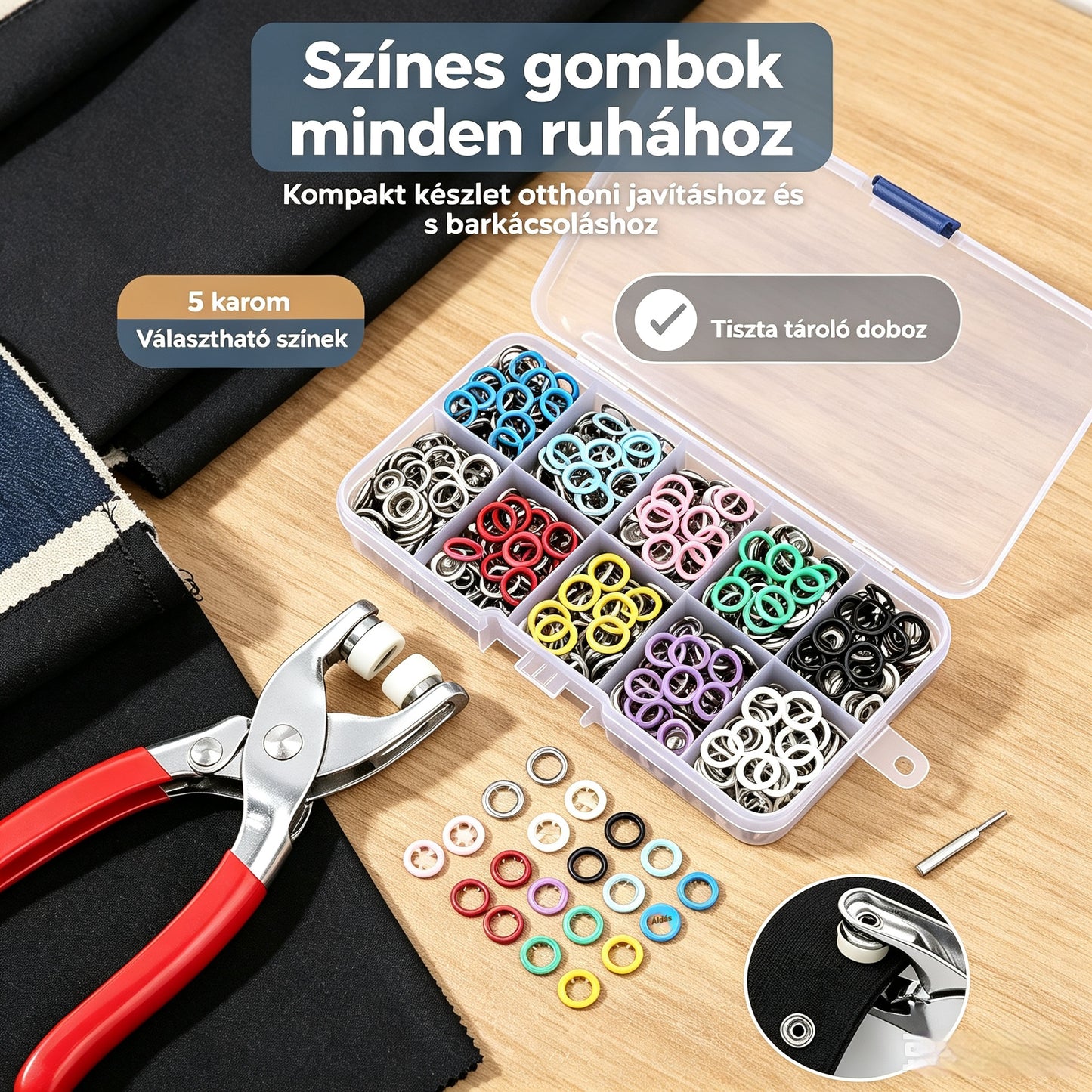 đ§”âšĂtĂĄgĂș patentgomb-felszerelĆ szerszĂĄm, 100 lĂĄthatatlan szĂnes fĂ©m patenttal Ă©s 1 kĂ©zi nyomĂłfogĂłval.
