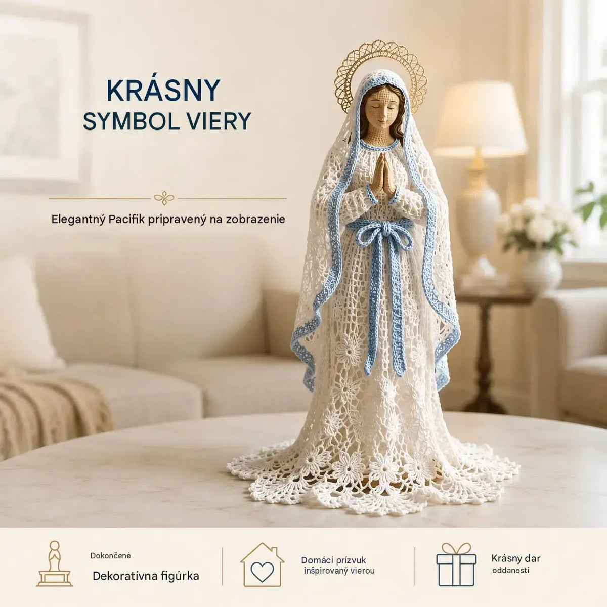 Figúrka Márie ručne pletená háčkovaným a čipkovaným štýlom.