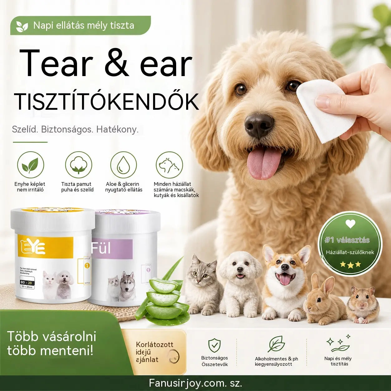 Több mint 50 000 eladott darab! 🐾🌿 50% kedvezmény! Természetes, növényi alapú kisállat törlőkendők – gyengéden eltávolítja a könnyfoltokat és a fülzsírt. Biztonságosan használható mindennapi használatra! 🧻✨