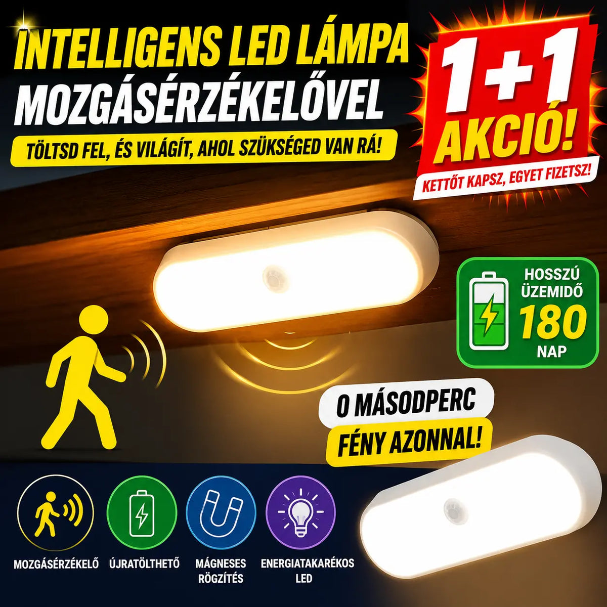 💥✨【Vásárolj 1-at, és kapsz 1-at ingyen】🏡💡Okos LED lámpa jelenlétérzékelővel, könnyen tölthető és praktikus.