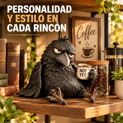 ☕😂 Morgós, kávéimádó hollófigura – Vidám reggeli dekoráció kávérajongóknak