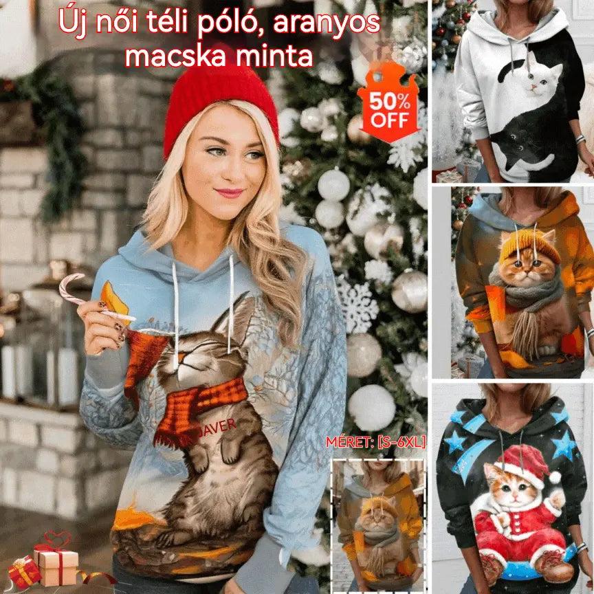🐱【S-6XL】Új női téli hosszú ujjú póló, aranyos macskás mintával