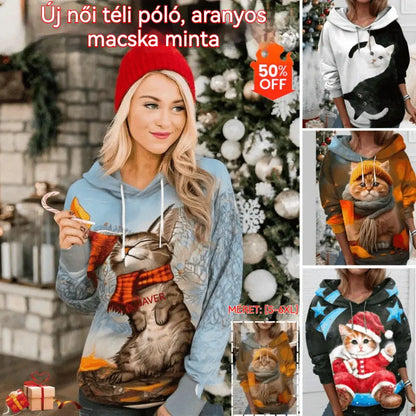 🐱【S-6XL】Új női téli hosszú ujjú póló, aranyos macskás mintával