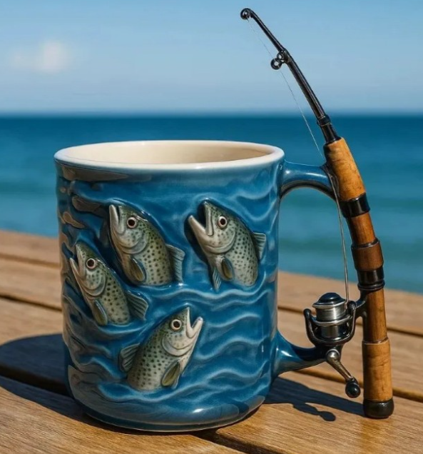 🎣☕Új horgászbögre Egy kreatív, gyantából készült bögre, kifejezetten a horgászat szerelmeseinek tervezve.