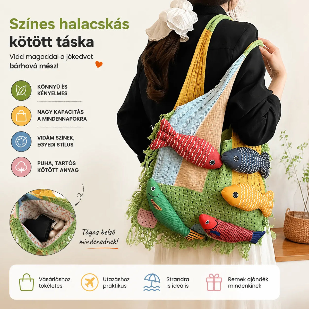 Nagy kapacitású, bojtos, patchwork mintás, sokoldalú gyapjú kötött táska