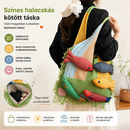 Nagy kapacitású, bojtos, patchwork mintás, sokoldalú gyapjú kötött táska