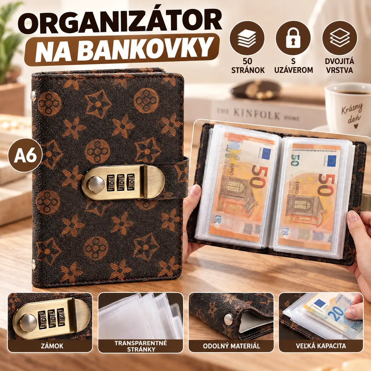 Bezpečný uzamykateľný organizér: kniha na šetrenie peňazí s 50 vnútornými priehradkami na bankovky a účtenky.