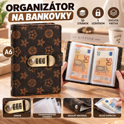 Bezpečný uzamykateľný organizér: kniha na šetrenie peňazí s 50 vnútornými priehradkami na bankovky a účtenky.
