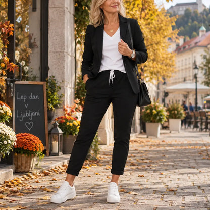💎【50 % popust】Komplet ženske jakne in hlač, oprijet kroj, mehak material (40–100 kg)