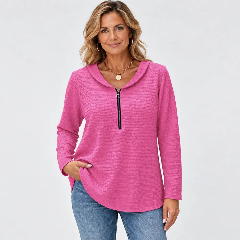 ✨【S–5XL / 5 szín】Egyszínű női felső stílusos rakással, Péter Pán gallérral, cipzáras záródással és klasszikus vállkivágással.