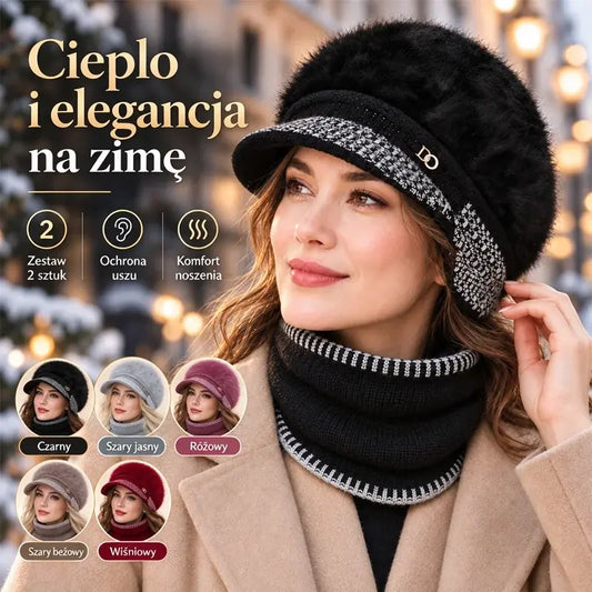 ❄️Štýlový dvojdielny zimný outfit: baseballová čiapka zo zmesi králičej kožušiny s klapkami na uši + pletený šál!