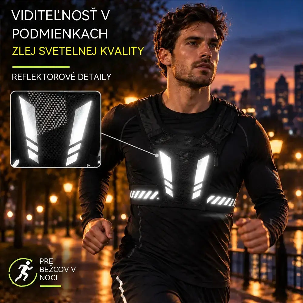 🏃 Futó- és sportmellény mellzsebbel · Cipzáras telefontartó zseb · Hátsó kulacstartó · Fényvisszaverő elemek az éjszakai láthatóságért · Légáteresztő hálós anyag és állítható pántok!