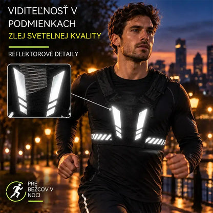 🏃 Športni telovnik za tek z žepom na prsih · Žep za telefon z zadrgo · Držalo za bidon na hrbtni strani · Odsevni elementi za vidljivost v temi · Zračna mrežica in nastavljivi trakovi!