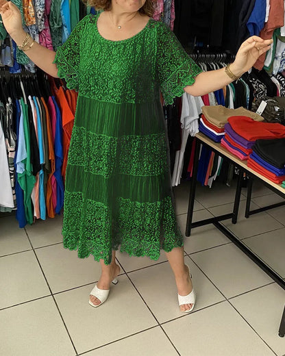 🔥【50% KEDVEZMÉNY】✨✨✨【S-5XL】2026Új ruha rövid ujjúval, kerek nyakkivágással és csipkével.