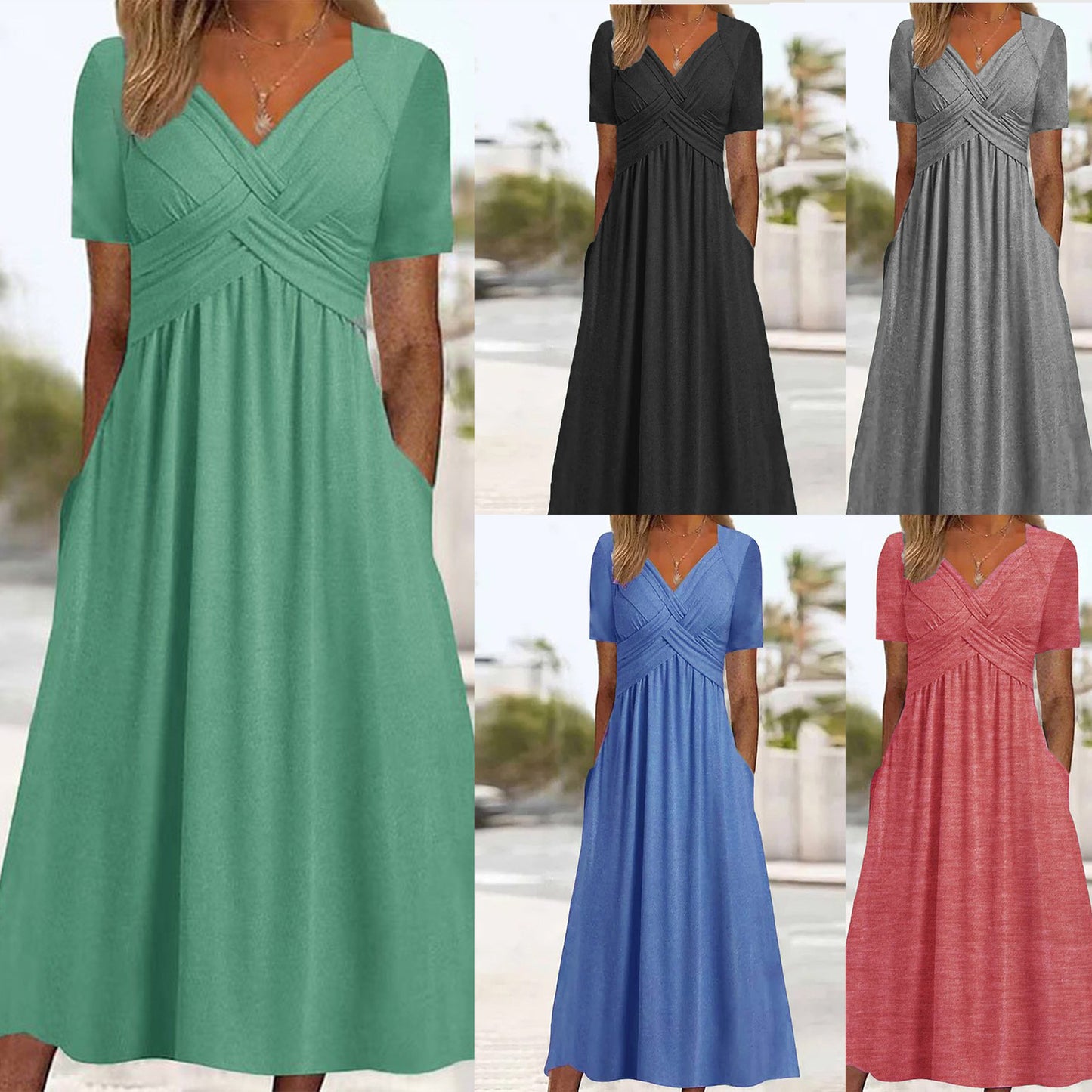 💟【50% POPUST】【S-3XL】Sproščena obleka srednje dolžine v čisti barvi