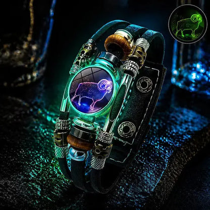 🌙 Világító Zodiákus Bőr Karkötő – 3 Rétegű Fonott, Állítható Hosszú, Uniszex 💫✨
