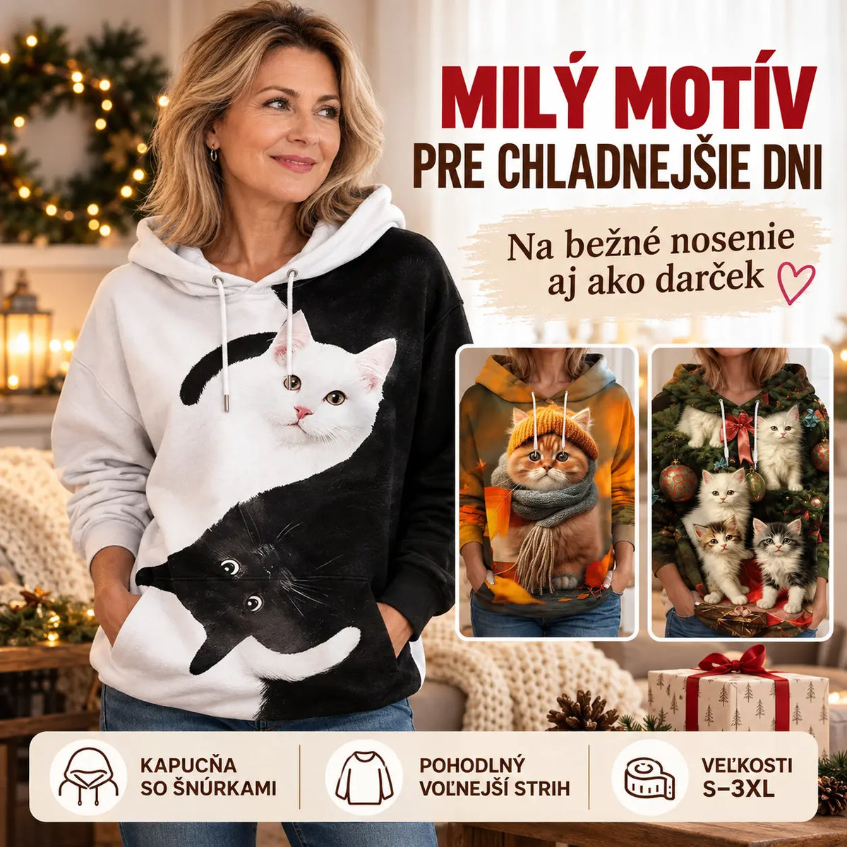 🐱🧥✨【1 kus, S–3XL】Dámska mikina s kapucňou a 3D potlačou mačky – mäkká, pohodlná a vhodná na každý deň.
