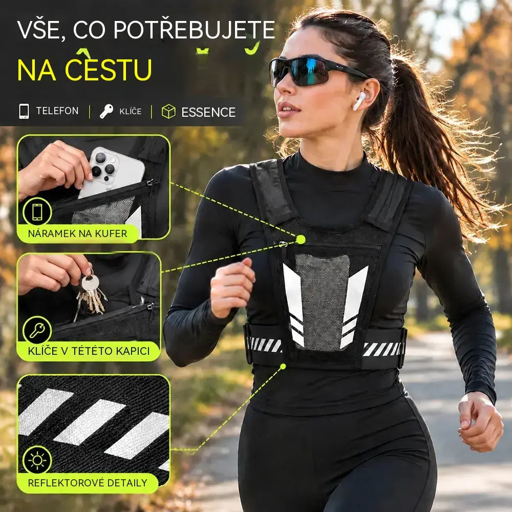 🏃 Běžecká a sportovní vesta s kapsou na hrudi · Kapsa na telefon na zip · Zadní úchyt na láhev s vodou · Reflexní prvky pro viditelnost za tmy · Prodyšná síťovina a nastavitelné popruhy!
