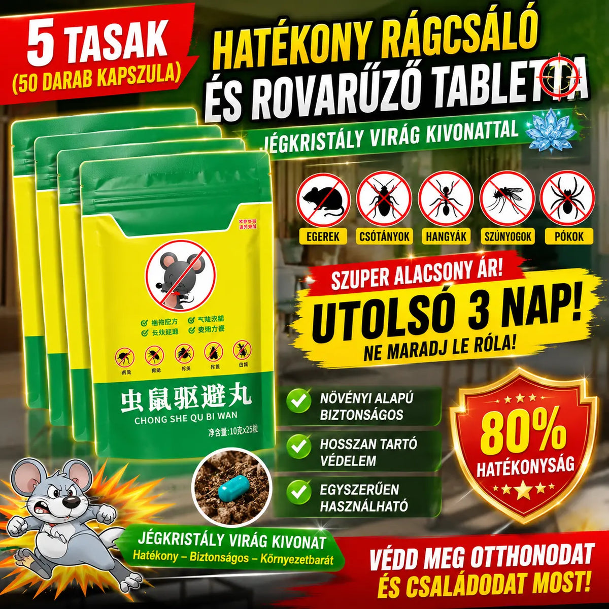 🔥[5 csomag 8800 Ft] [Szuper alacsony ár - 🐭❌ Az utolsó három napban kapható] Hatékony rágcsáló- és rovarriasztó tabletták jégkristályvirágokkal.