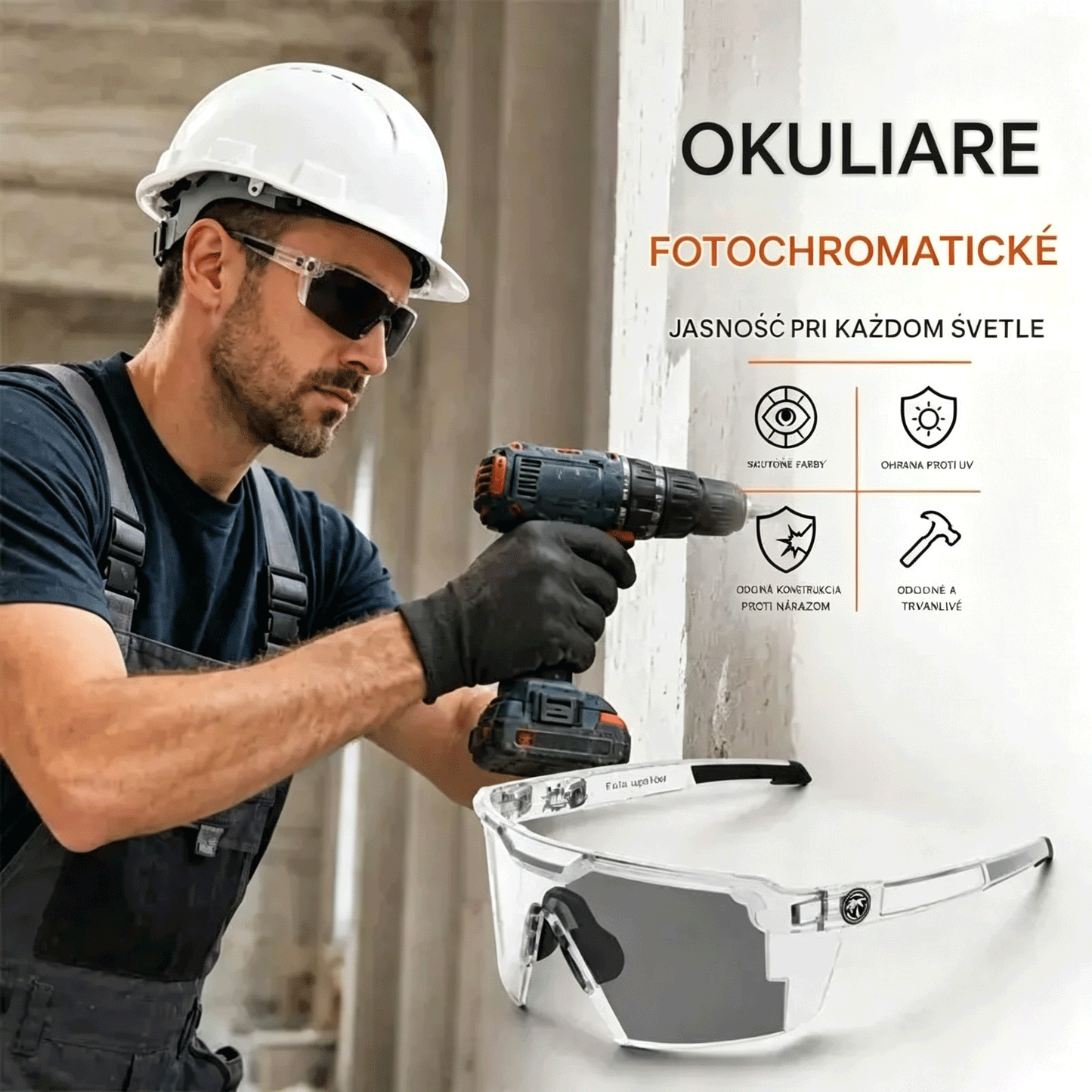 Viacúčelové ochranné okuliare pre prácu a šport – odolné voči prachu a vetru, s UV400 ochranou pre stolárske práce, domáce opravy, autoservis, záhradníctvo a jazdu na bicykli.