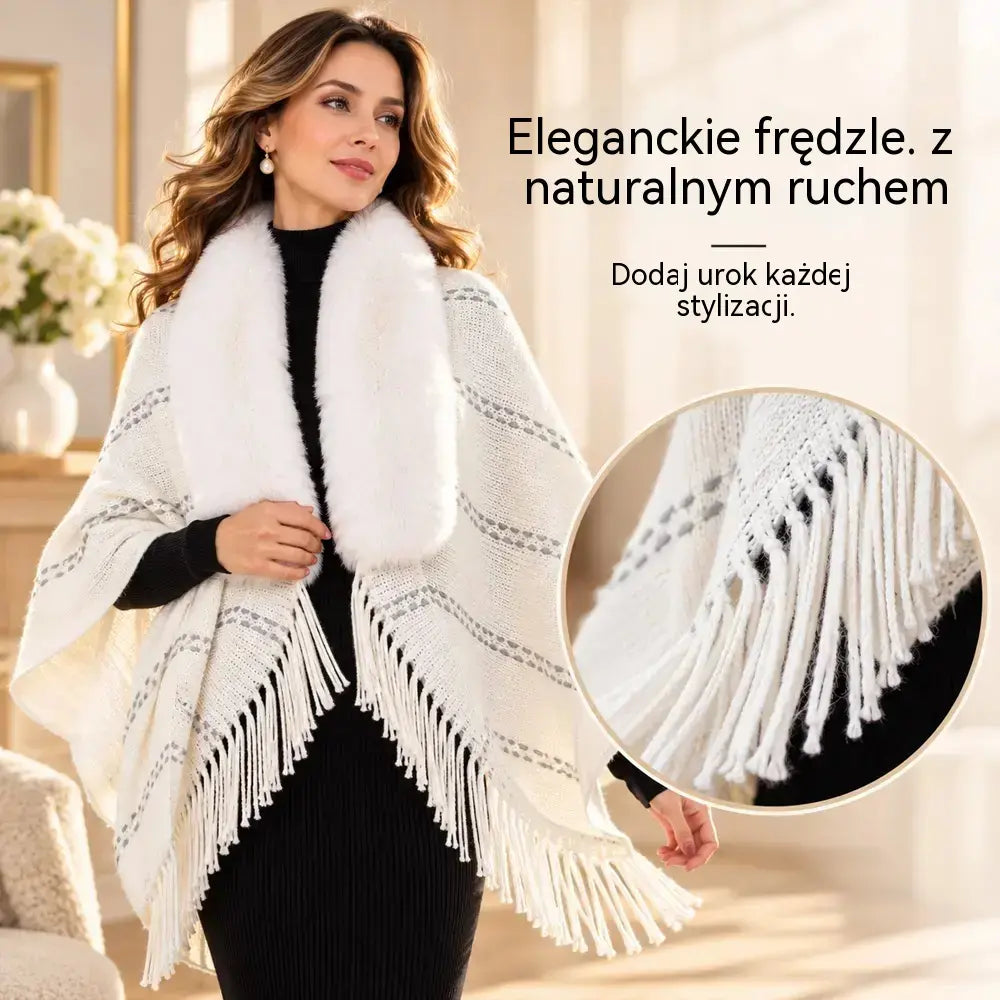 Dzianinowe ponczo z futrzanym kołnierzem i frędzlami 🧣 Elegancki, ciepły szal damski (jesień/zima) ❄️ Uniwersalny sweter o luźnym kroju, który korzystnie podkreśla sylwetkę ✨