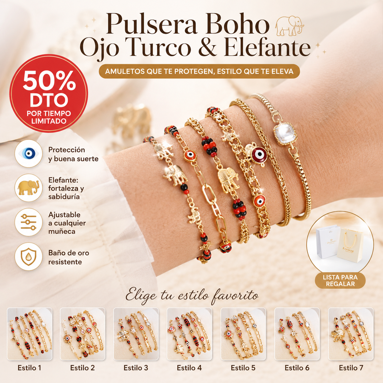 📿 ¡OFERTA POR TIEMPO LIMITADO CON UN 50% DE DESCUENTO! 🌀 Pulsera boho con amuletos y un elefante de la suerte: colgantes simbólicos, forma ajustable, baño de oro y 7 estilos ✨