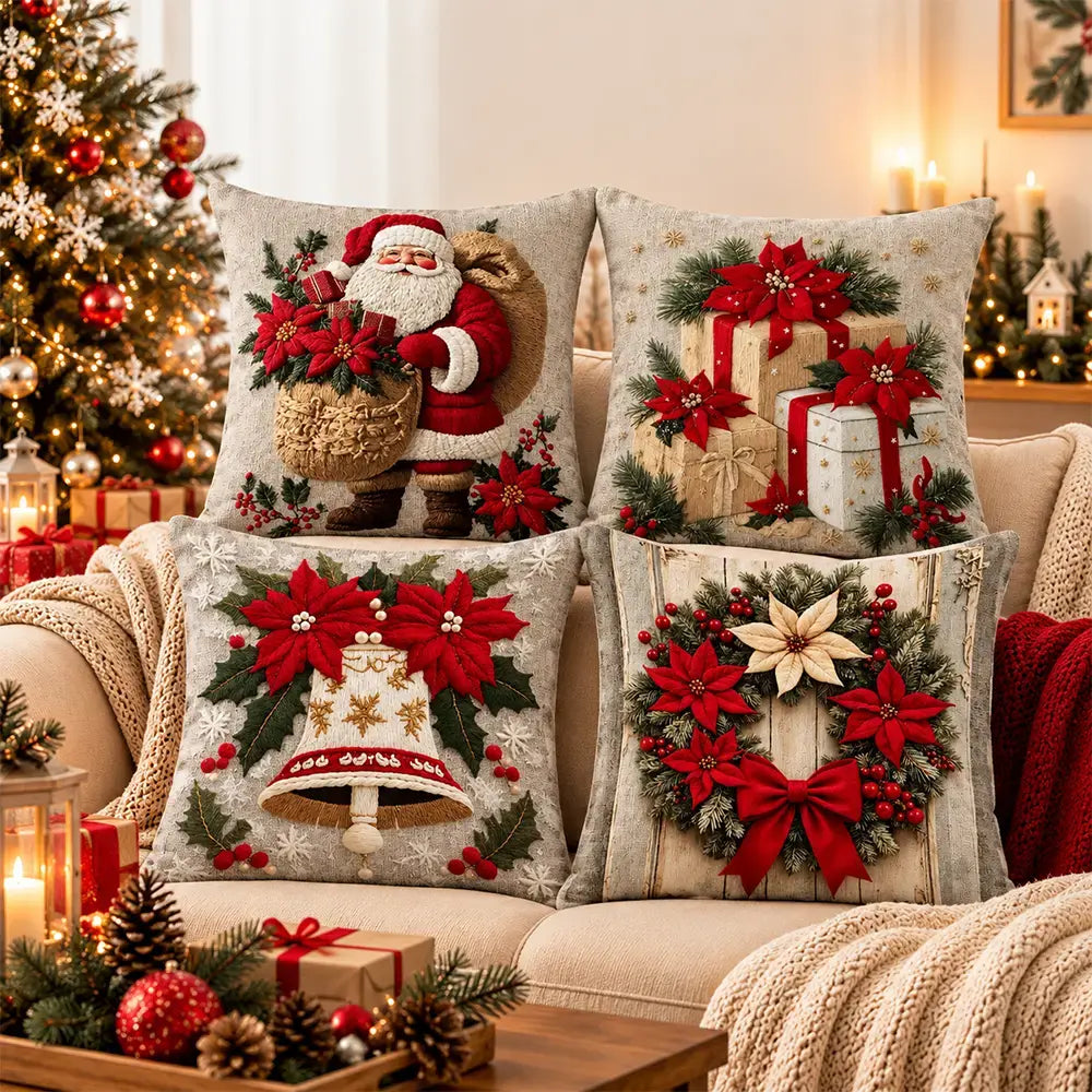 🎅【4 darabos szett】☃️ Karácsonyi párnahuzat Mikulással, hóemberrel, rénszarvassal és fával, ünnepi dekoráció kanapéra, hálószobába és nappaliba, azonnal meghitt hangulatot teremt 🎄✨