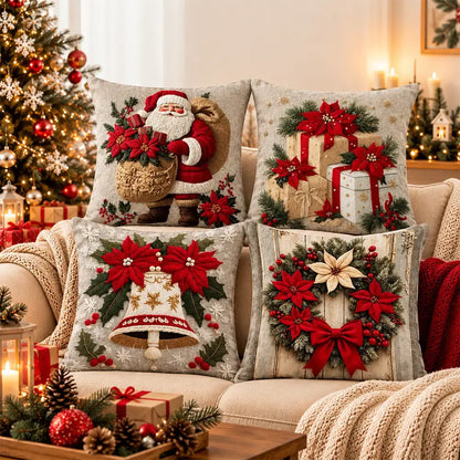 🎅【4 darabos szett】☃️ Karácsonyi párnahuzat Mikulással, hóemberrel, rénszarvassal és fával, ünnepi dekoráció kanapéra, hálószobába és nappaliba, azonnal meghitt hangulatot teremt 🎄✨