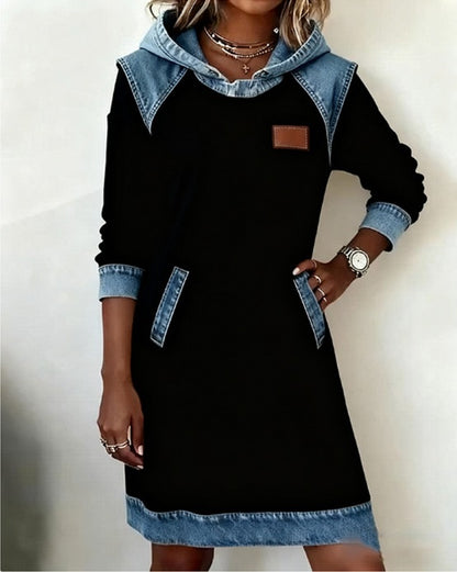 🌷【50%OFF】✨👗Őszi-téli újdonság 50% kedvezménnyel🌞❄️ Új patchwork kapucnis farmer ruha ❄️ – bő, kényelmes és könnyen kombinálható