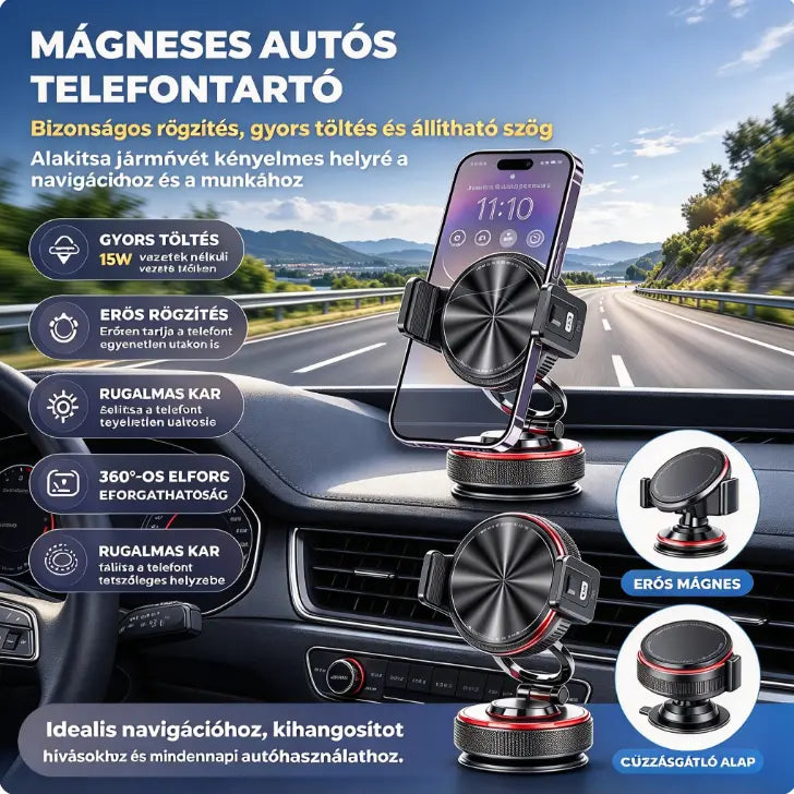 📱 50% kedvezmény! Autós telefontartó tapadókoronggal és 20 N mágneses erősségű elemmel, teleszkópos karral és 360°-os forgathatósággal. Stabil és összecsukható! ✨🚗
