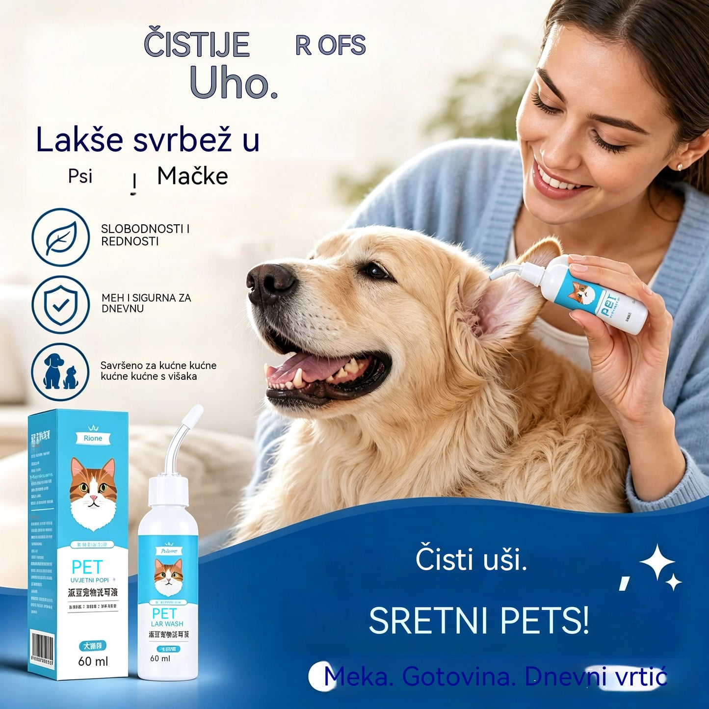 🐶🐱 Sredstvo za čišćenje ušiju za ublažavanje svrbeža ušiju kod pasa i mačaka.