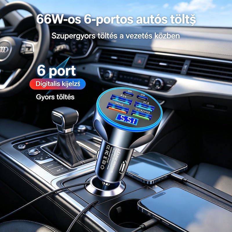 🚗🔋2026 Új 6 portos digitális kijelzős szupergyors töltésű, 66 W-os autós töltő