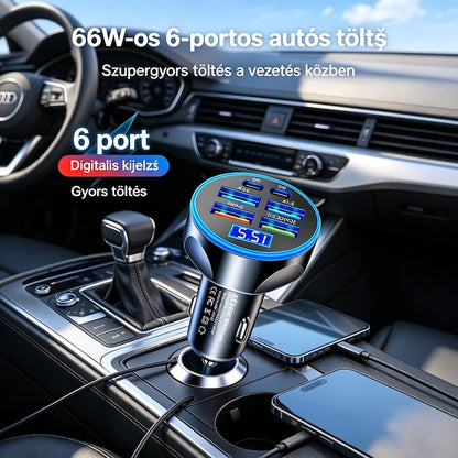 🚗🔋2026 Új 6 portos digitális kijelzős szupergyors töltésű, 66 W-os autós töltő