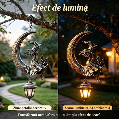 Függesztett kerti lámpa boszorkány és macska motívummal a Holdon – vintage stílusú, LED lámpával, vízálló.