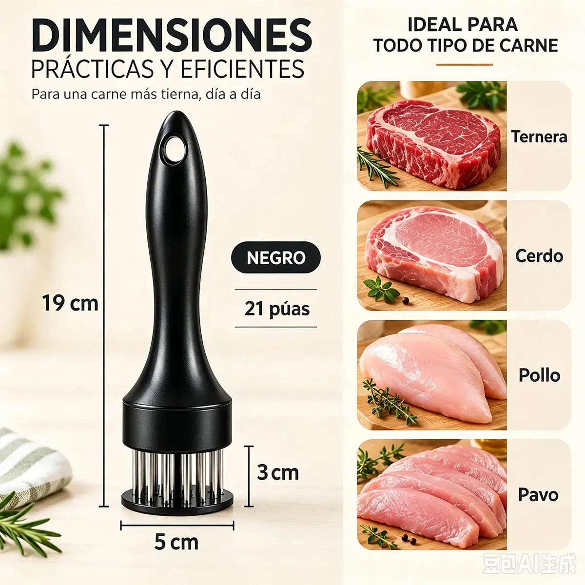 21 tűs, rozsdamentes acél húspuhító; ideális steakhez, barbecue-hoz és egyéb ételek elkészítéséhez.