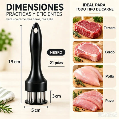 21 tűs, rozsdamentes acél húspuhító; ideális steakhez, barbecue-hoz és egyéb ételek elkészítéséhez.