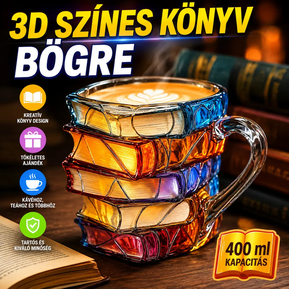 📚3D festett könyv alakú bögre