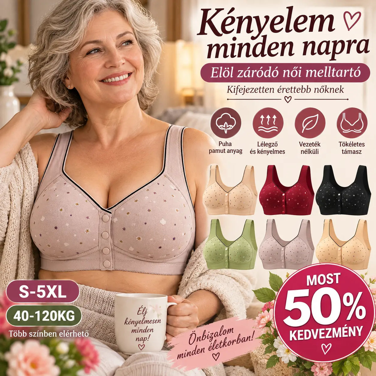😍【3 darabos csomag】Női merevítő nélküli melltartó elöl gombokkal 【40-120 kg】❤️Kényelmes antibakteriális természetes pamut