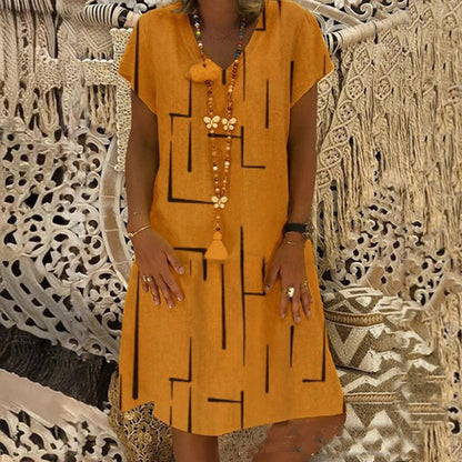 【🏆45% OFF】👗【S-5XL】Potištěné bavlněné šaty s výstřihem do V