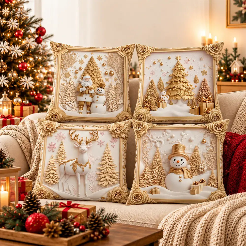🎅【4 darabos szett】☃️ Karácsonyi párnahuzat Mikulással, hóemberrel, rénszarvassal és fával, ünnepi dekoráció kanapéra, hálószobába és nappaliba, azonnal meghitt hangulatot teremt 🎄✨