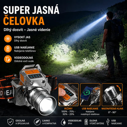 Ultrajasný LED čelovkový svietidlo s dlhým dosahom: nastaviteľný zoom, nabíjanie cez USB a možnosť nabíjania telefónu.