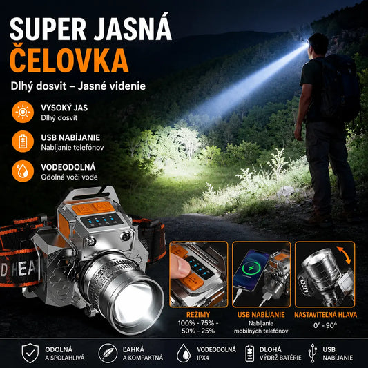 Ultrajasný LED čelovkový svietidlo s dlhým dosahom: nastaviteľný zoom, nabíjanie cez USB a možnosť nabíjania telefónu.
