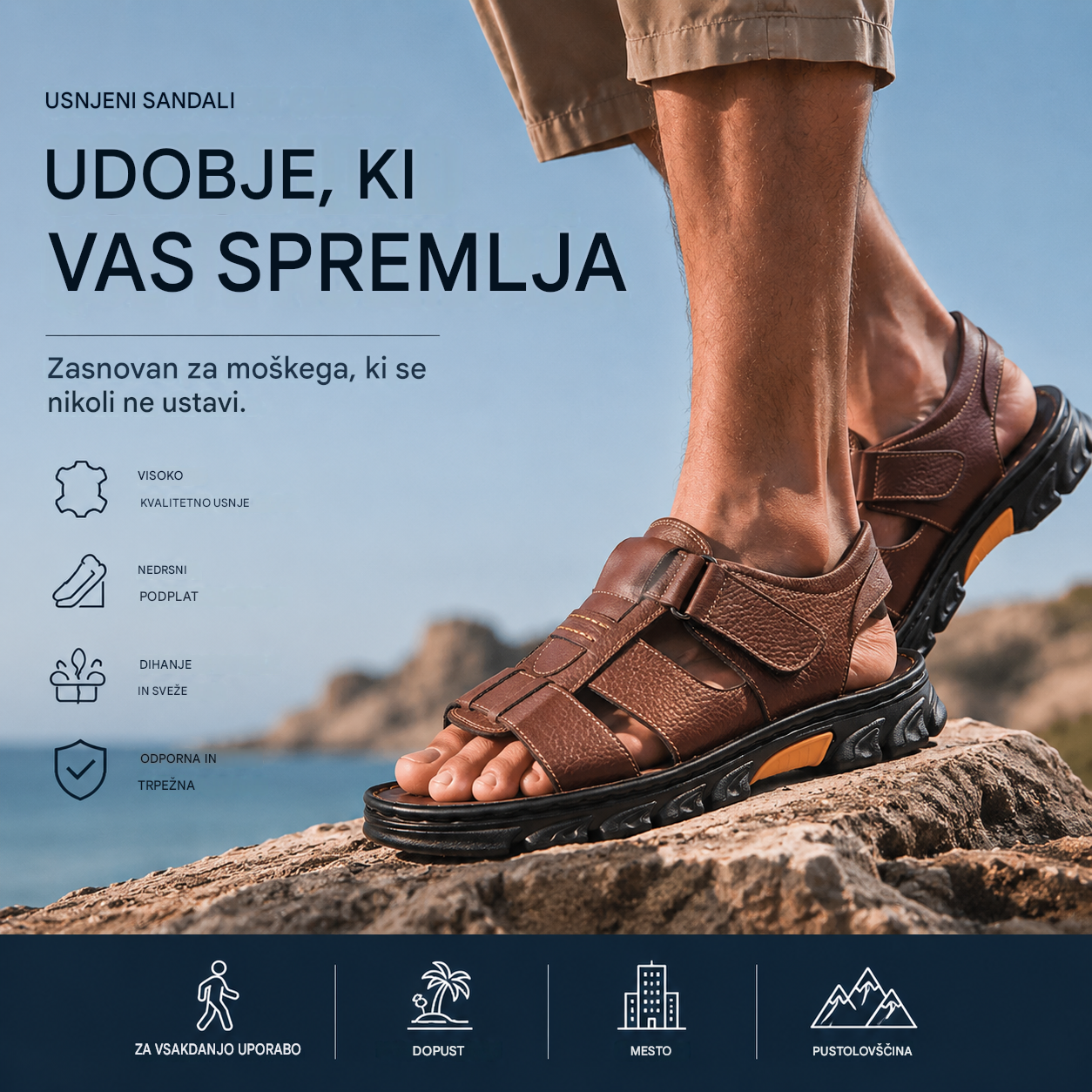 🔥👟 (50 % POPUSTA)【Velikost 38 ~ 44】 Ročno izdelani sandali za na plažo iz mehkega usnja, nedrseči, za moške