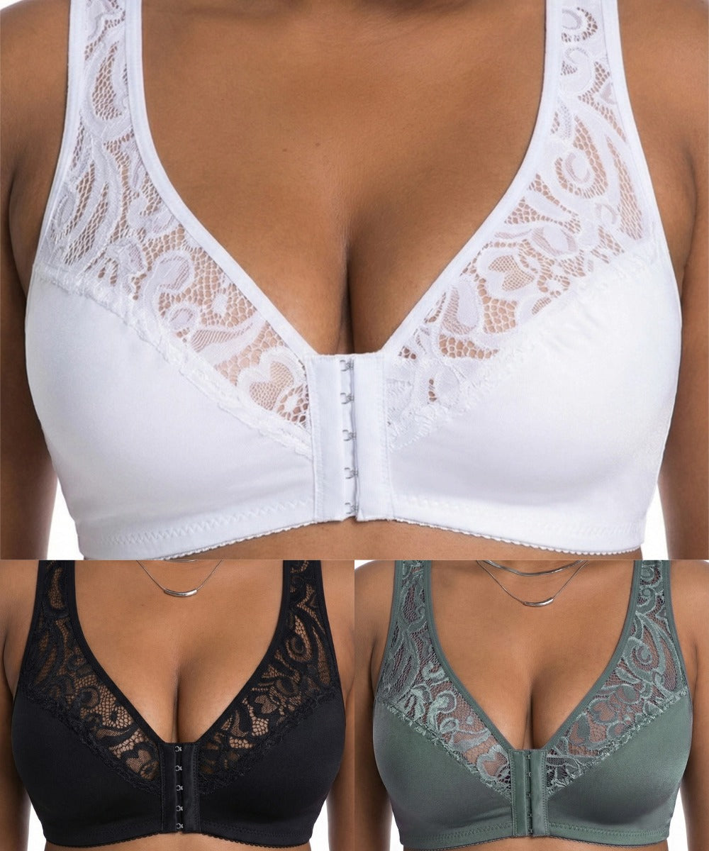 💖【3-dielna sada】Najnižšia cena vôbec【L-4XL】😍🩲Podprsenka s push-up strihom pre väčšie veľkosti, krásna čipka, push-up a vyklenutý dizajn, zapínanie vpredu